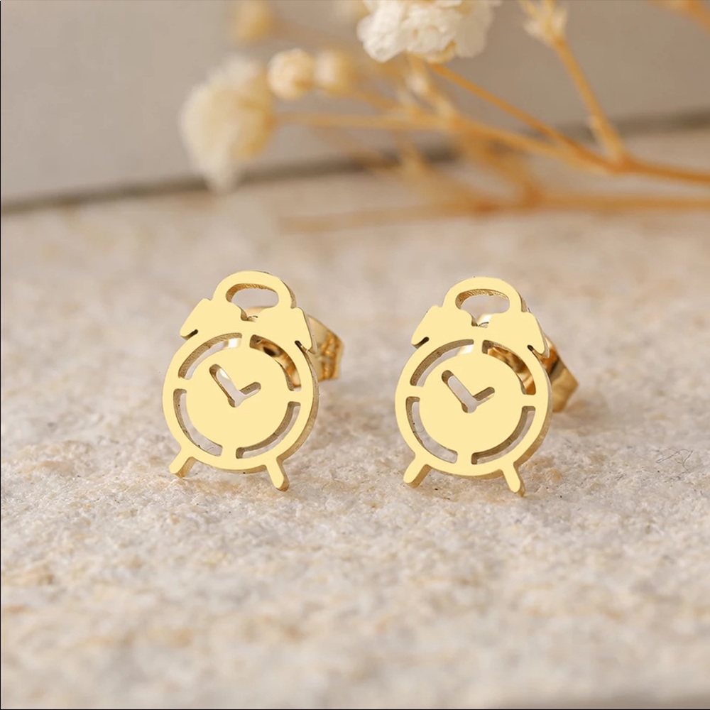 ALARM CLOCK GOLD Minimalist Stainless Steel Stud Earrings With Gift Bag